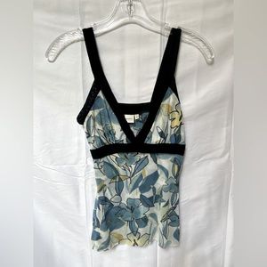 Sweet Pea semi-sheer blue floral print camisole tank with black trim. Sz S